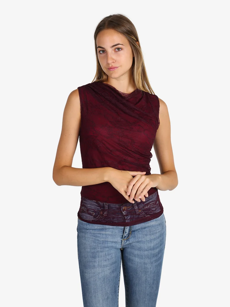 Top donna in pizzo con scollo a cascata - bordeaux