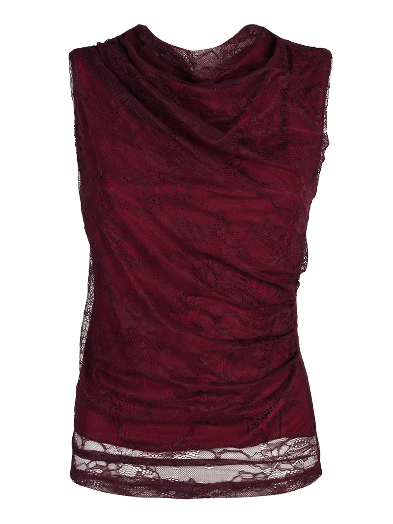 Top donna in pizzo con scollo a cascata - bordeaux