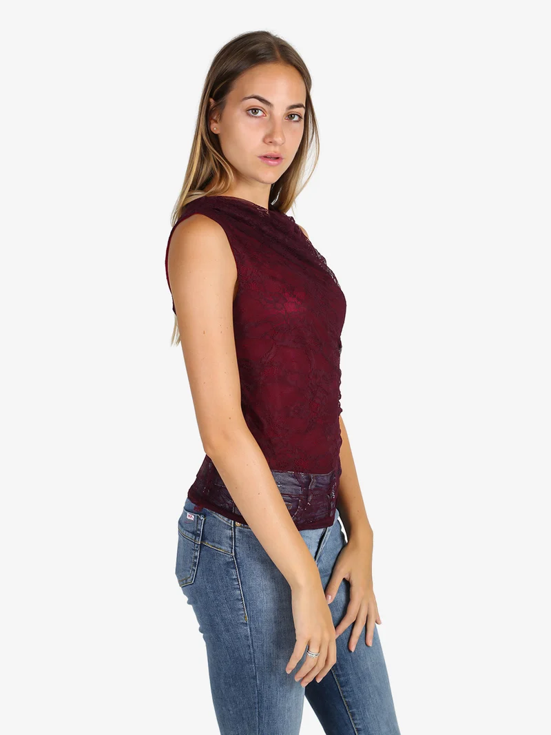Top donna in pizzo con scollo a cascata - bordeaux