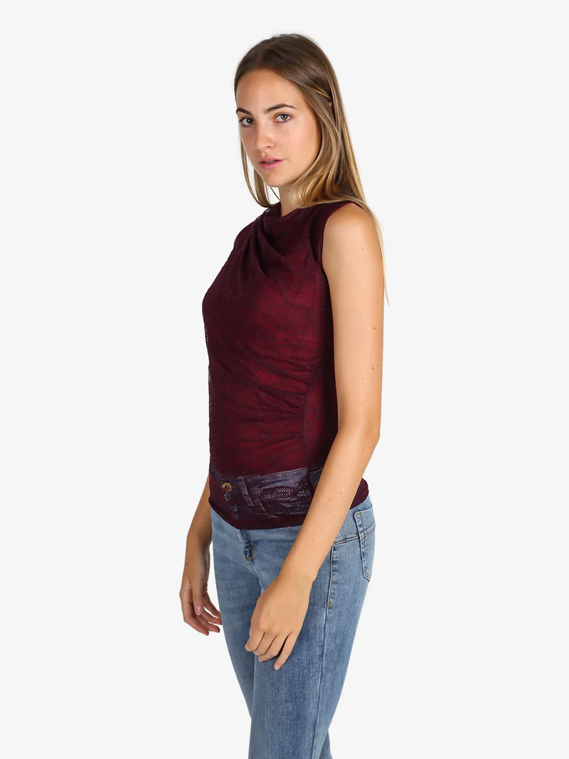 Top donna in pizzo con scollo a cascata - bordeaux