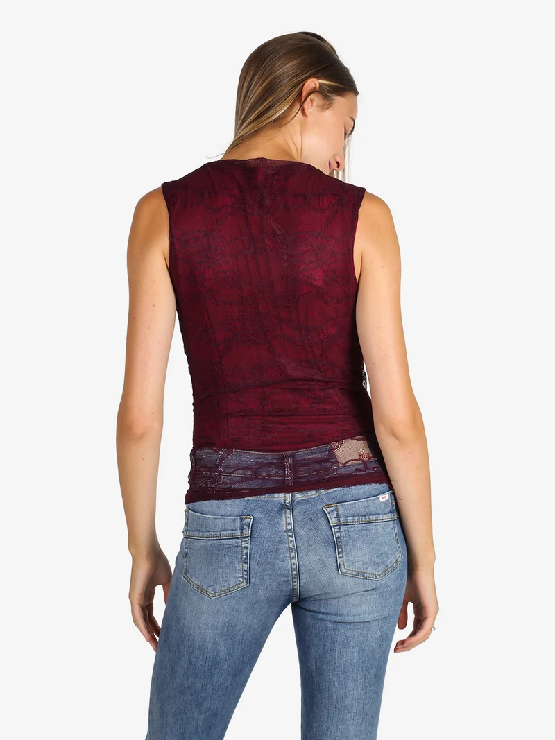 Top donna in pizzo con scollo a cascata - bordeaux