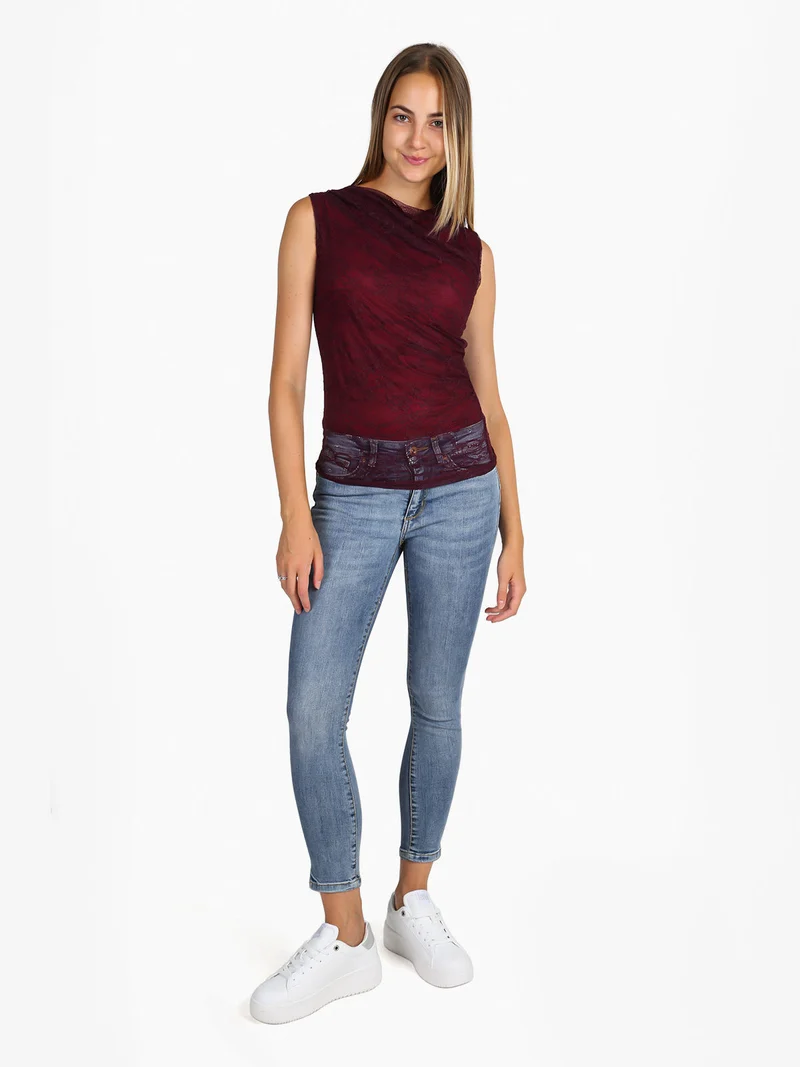 Top donna in pizzo con scollo a cascata - bordeaux
