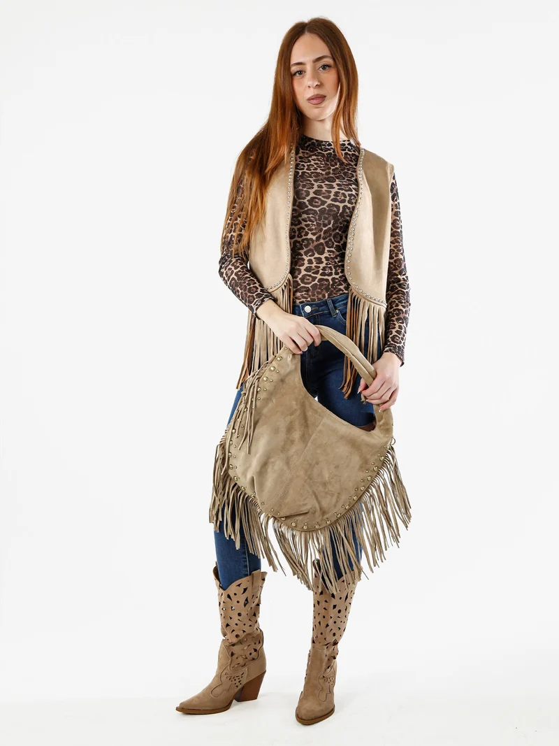 Gilet donna scamosciato con borchie e frange - beige