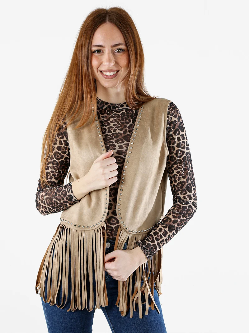 Gilet donna scamosciato con borchie e frange - beige