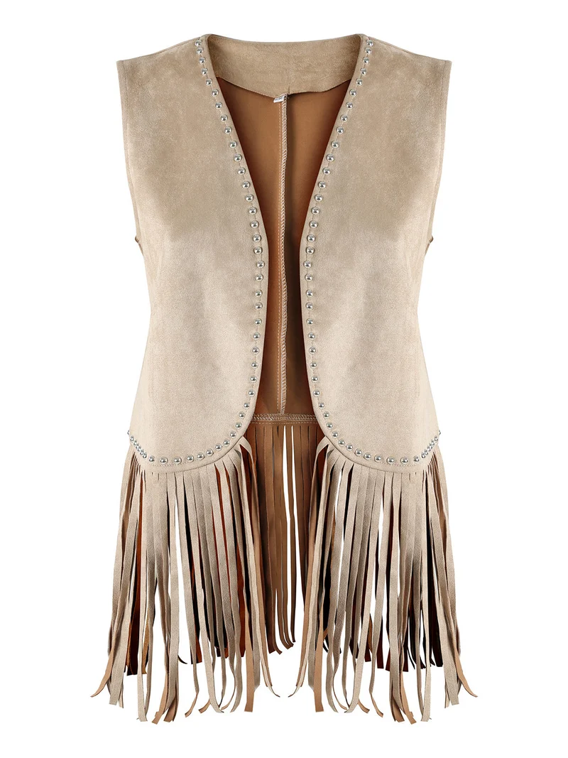 Gilet donna scamosciato con borchie e frange - beige
