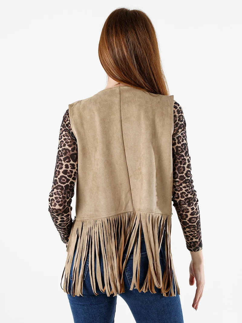 Gilet donna scamosciato con borchie e frange - beige