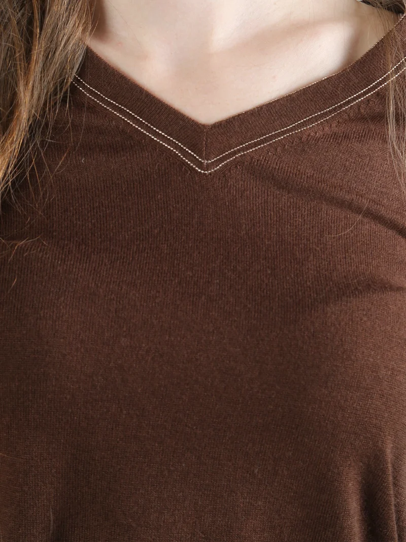 Pullover donna in maglia con scollo a V - marrone