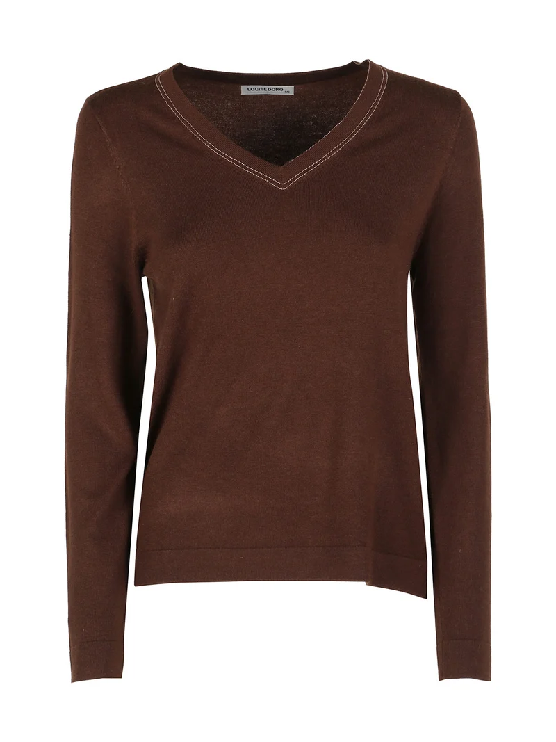 Pullover donna in maglia con scollo a V - marrone