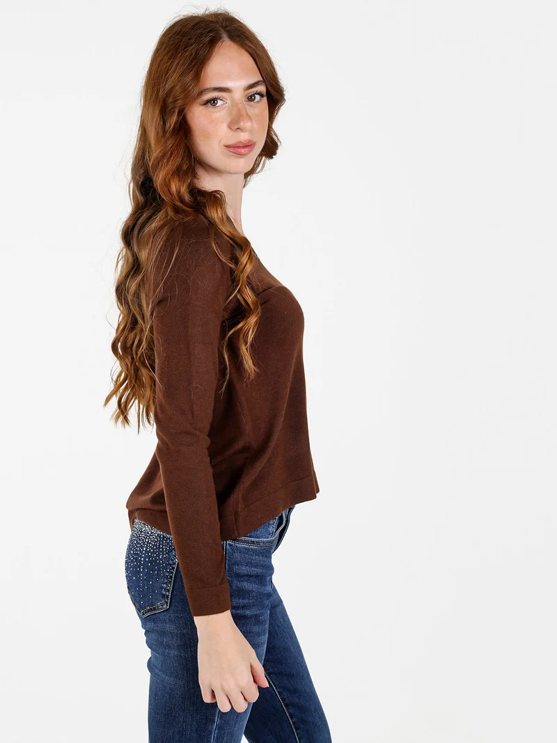 Pullover donna in maglia con scollo a V - marrone