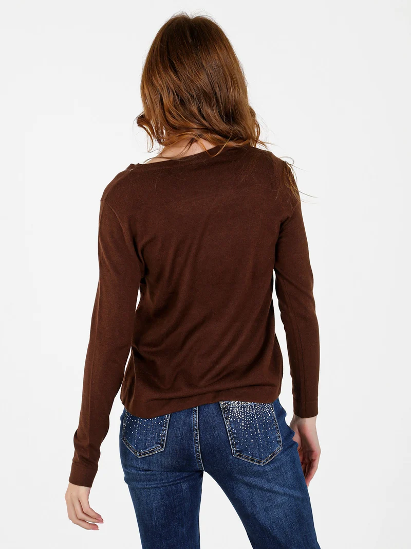 Pullover donna in maglia con scollo a V - marrone