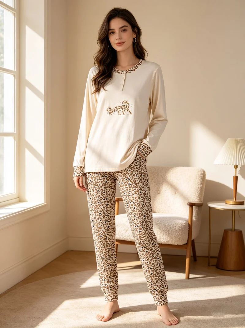 SAUVAGE Pigiama lungo da donna in cotone con stampa animalier - naturale