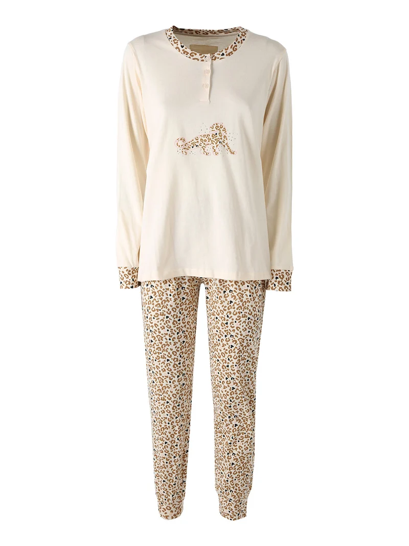 SAUVAGE Pigiama lungo da donna in cotone con stampa animalier - naturale