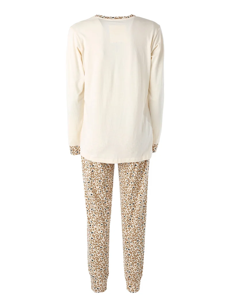 SAUVAGE Pigiama lungo da donna in cotone con stampa animalier - naturale