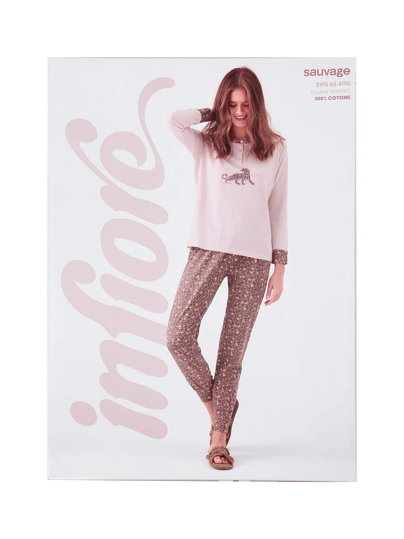 SAUVAGE Pigiama lungo da donna in cotone con stampa animalier - naturale