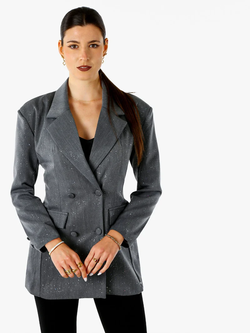Blazer donna elegante con brillantini e chiusura a doppiopetto - grigio