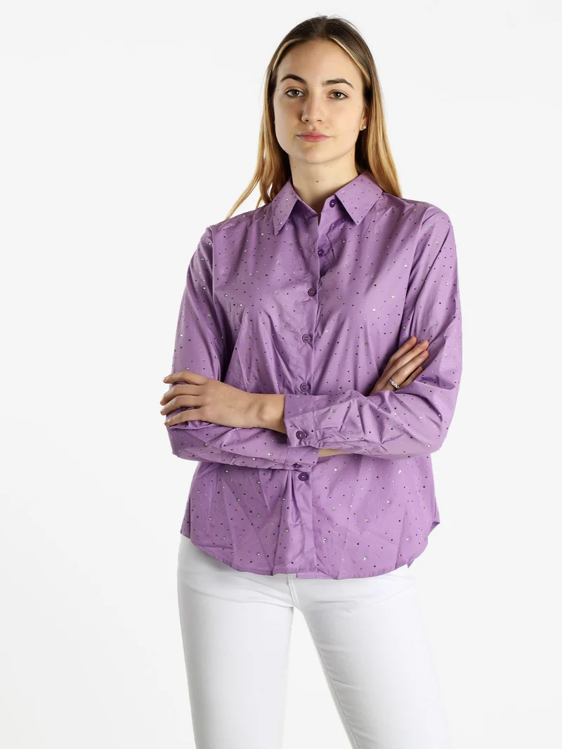 Camicia donna a maniche lunghe con strass colorati - viola