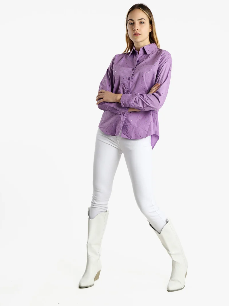 Camicia donna a maniche lunghe con strass colorati - viola