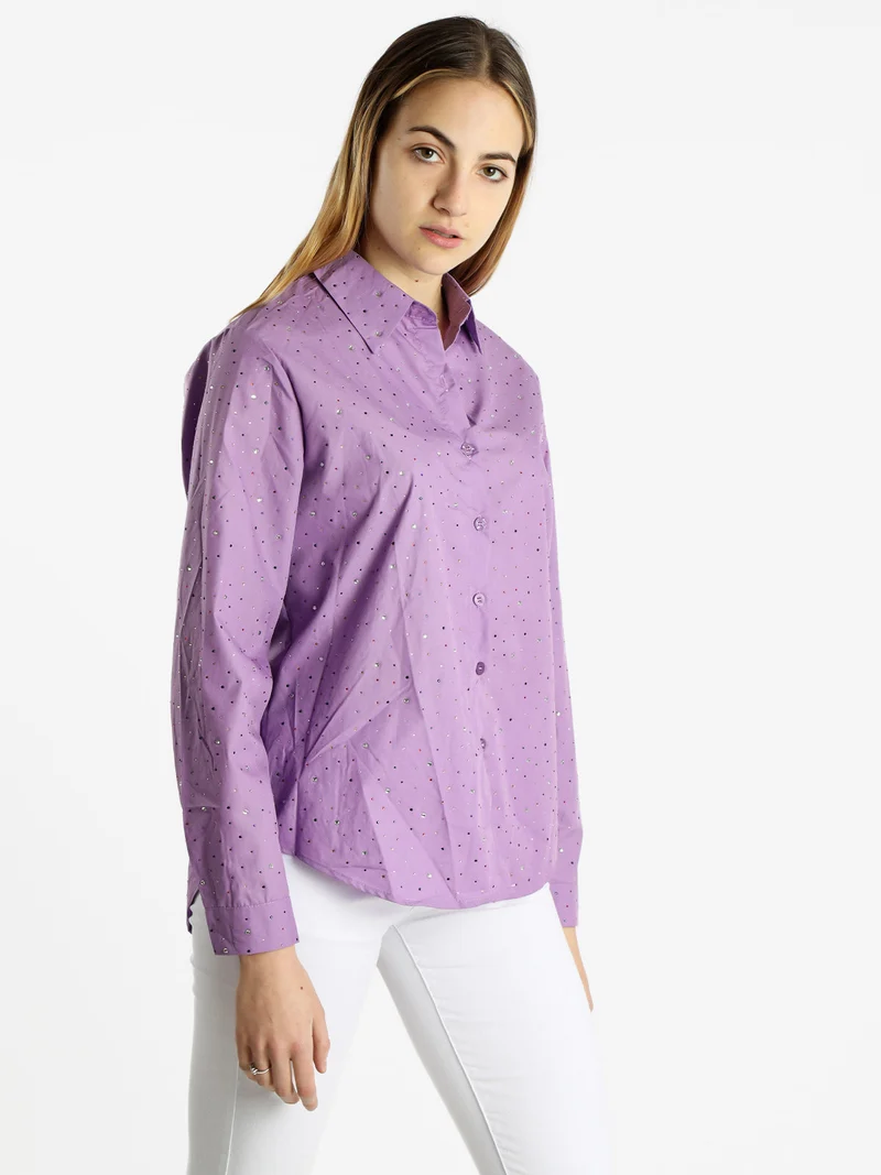 Camicia donna a maniche lunghe con strass colorati - viola
