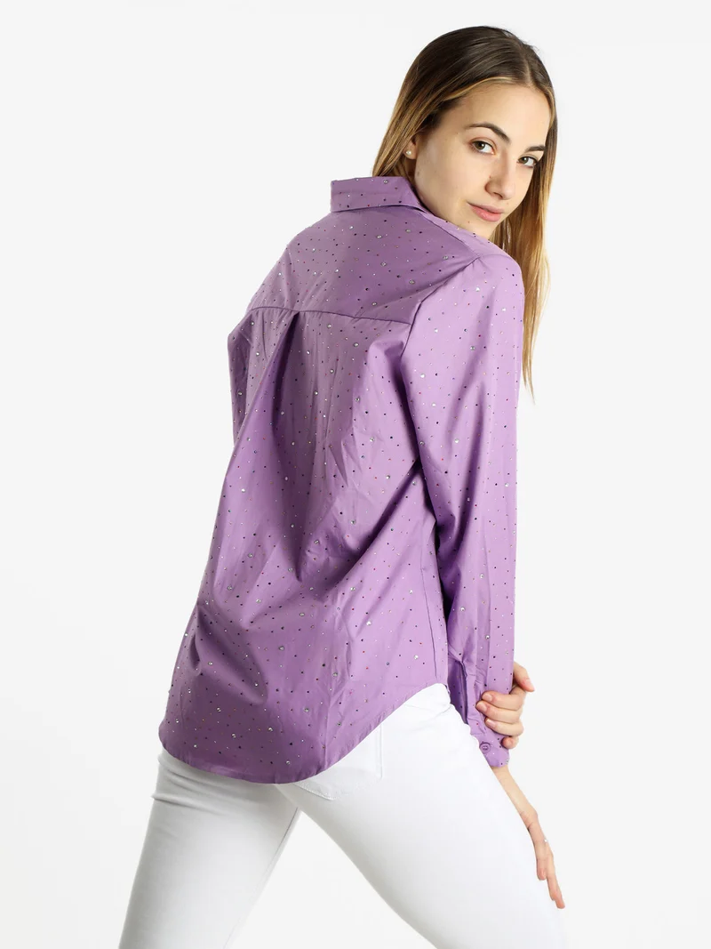 Camicia donna a maniche lunghe con strass colorati - viola