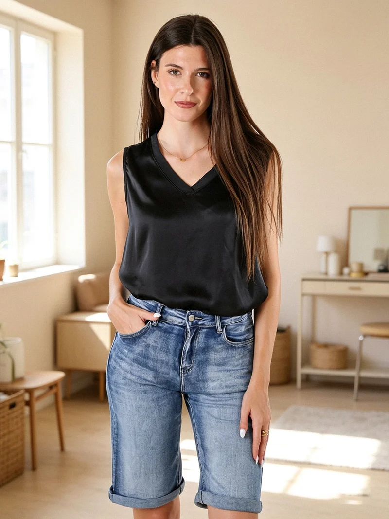 Top donna a spalla larga con scollo a V - nero