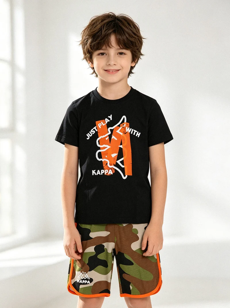 Completo corto da bambino in cotone con t-shirt e bermuda mimetici - nero