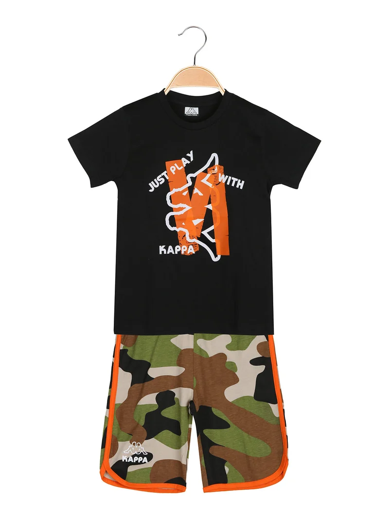 Completo corto da bambino in cotone con t-shirt e bermuda mimetici - nero