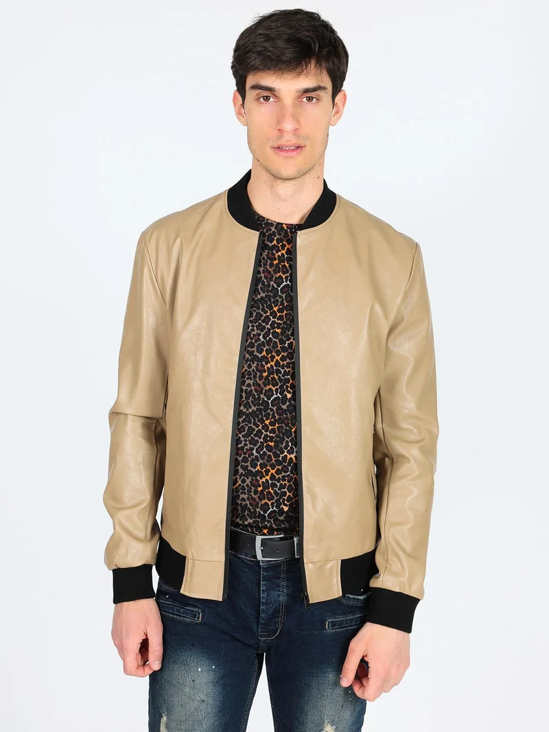 Giacca in ecopelle con collo coreano - marrone