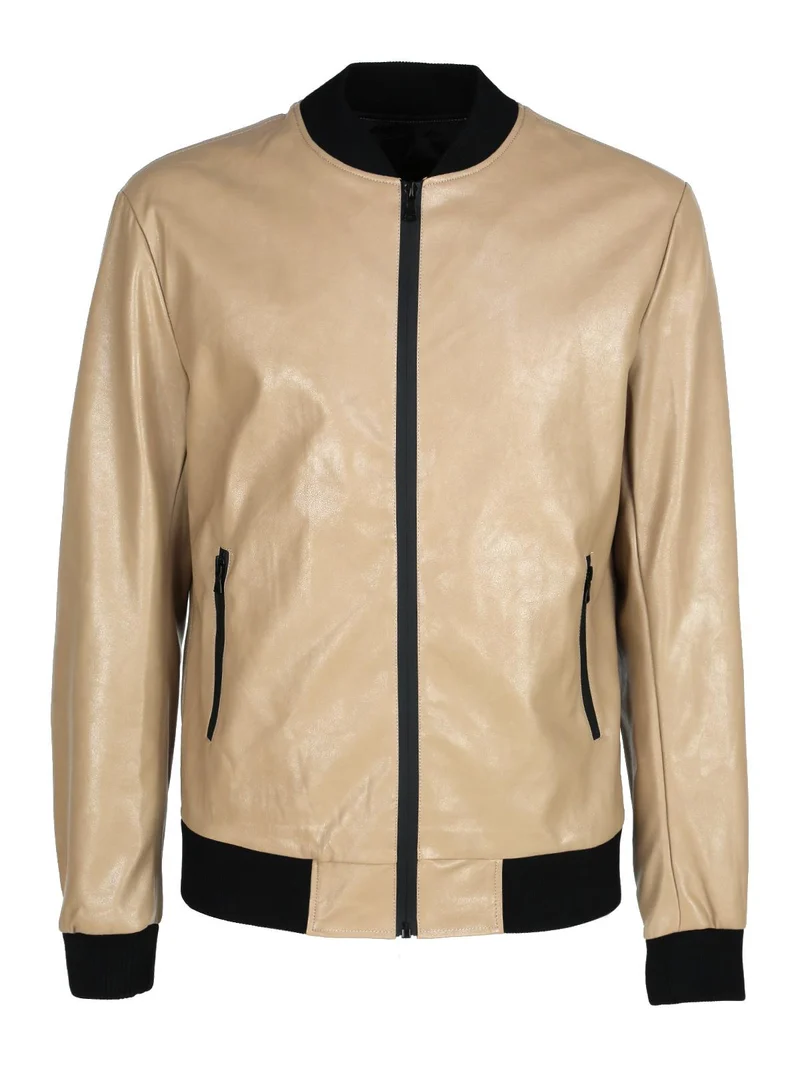 Giacca in ecopelle con collo coreano - marrone