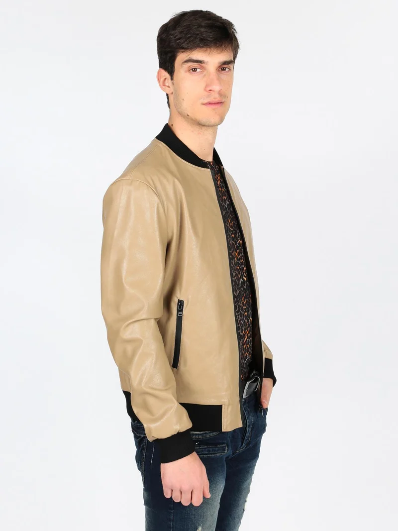 Giacca in ecopelle con collo coreano - marrone