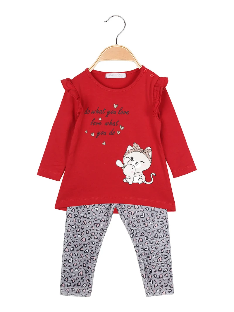 Completo da neonata 2 pezzi con maglietta e leggins cuori in velluto - rosso