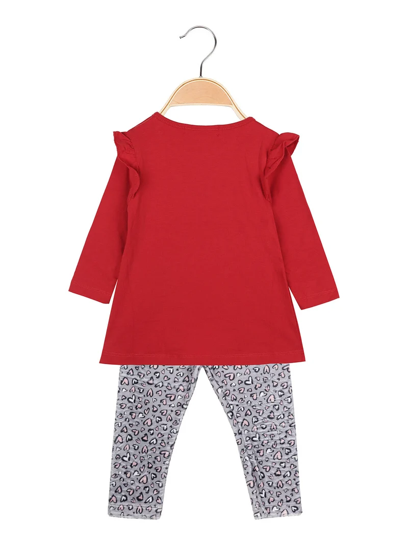 Completo da neonata 2 pezzi con maglietta e leggins cuori in velluto - rosso