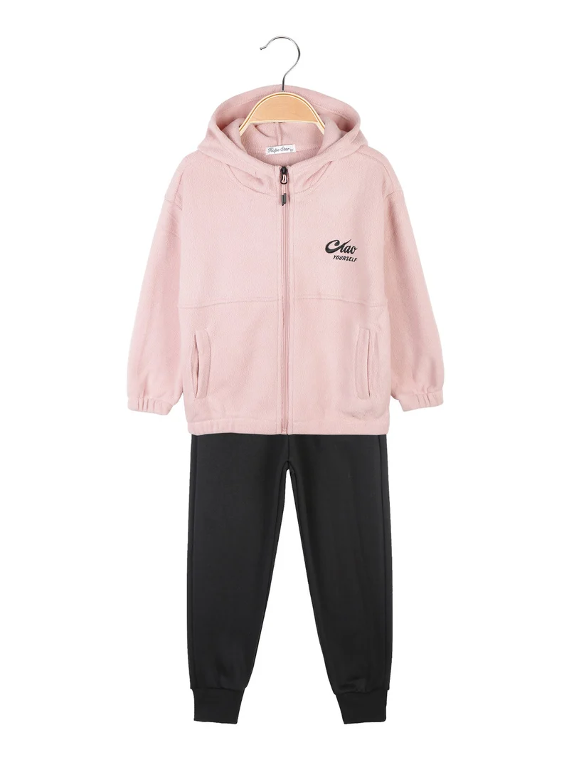 Completo tuta da bambina 2 pezzi con felpa in pile con cappuccio e zip - rosa