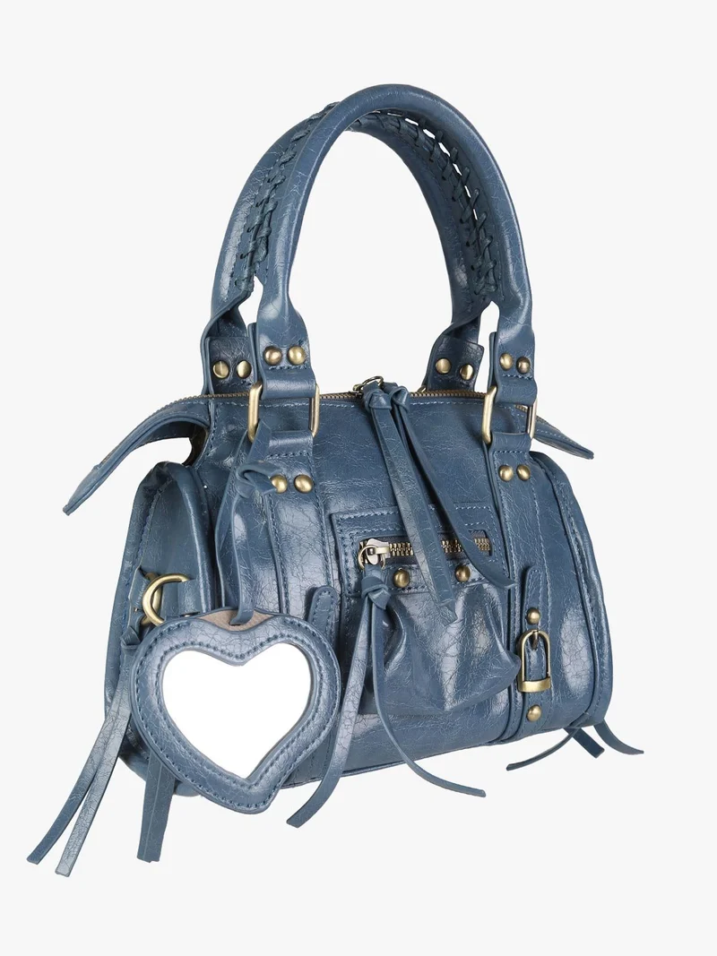Borsa mini da donna in ecopelle con doppi manici e specchietto - blu
