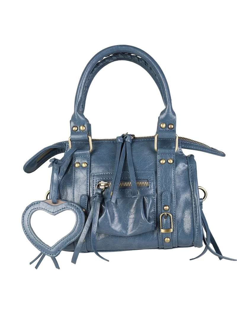 Borsa mini da donna in ecopelle con doppi manici e specchietto - blu