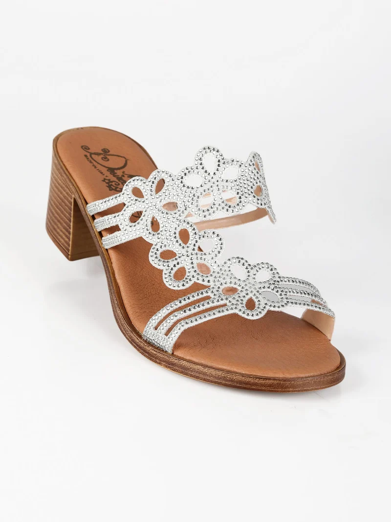 Ciabatte donna con tacco e strass - argento
