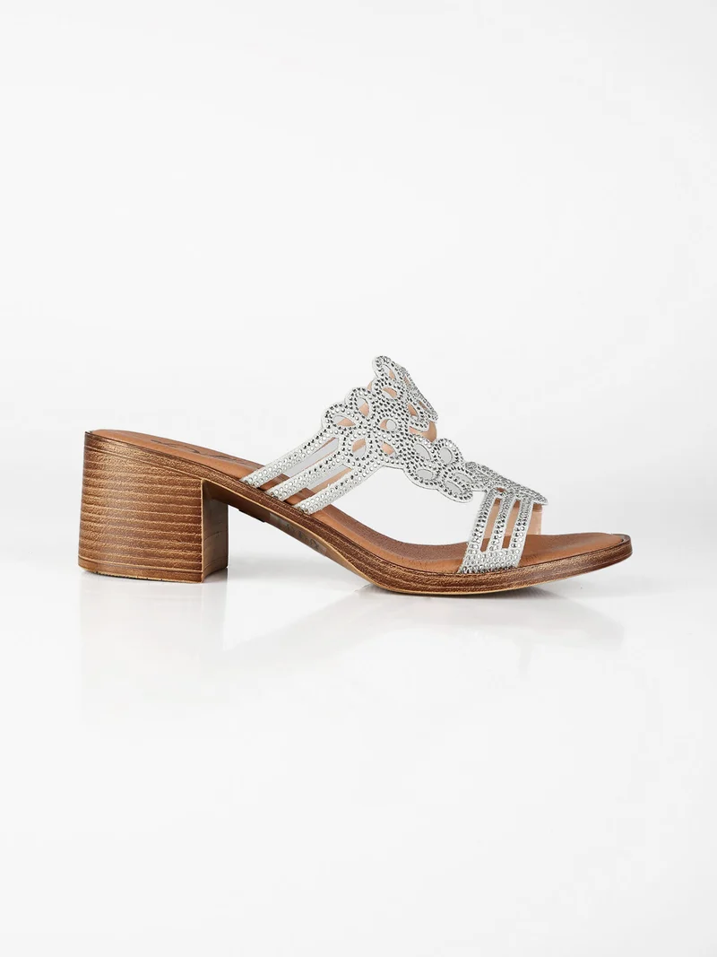Ciabatte donna con tacco e strass - argento