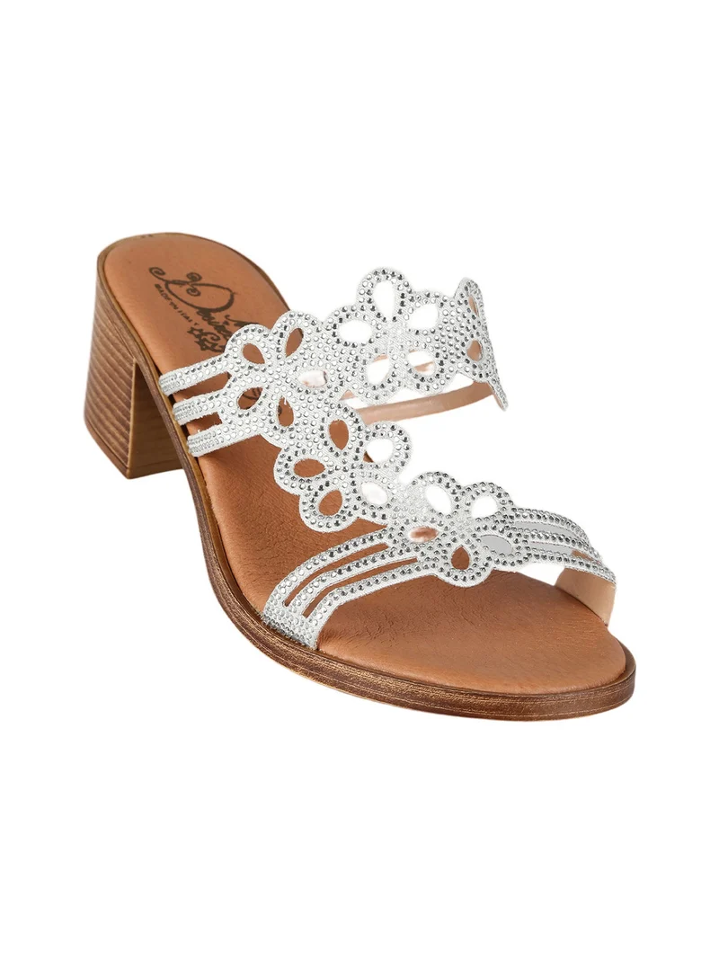 Ciabatte donna con tacco e strass - argento