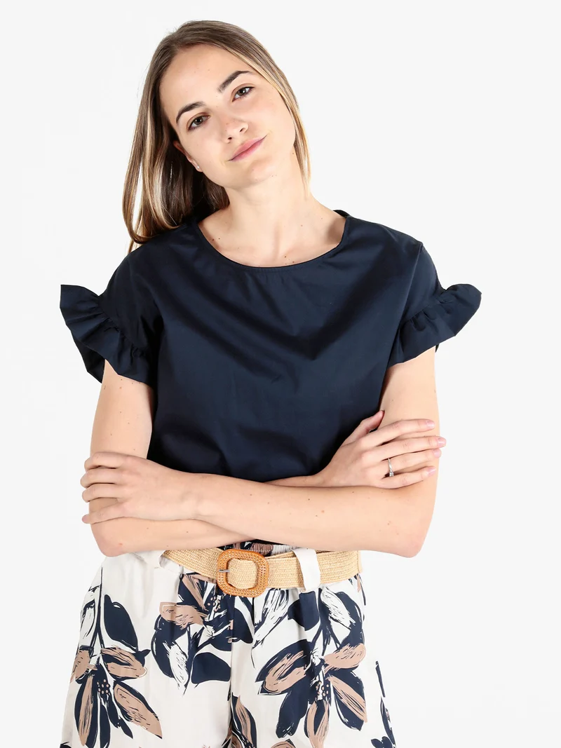 Blusa donna in cotone con maniche corte a volant - blu scuro