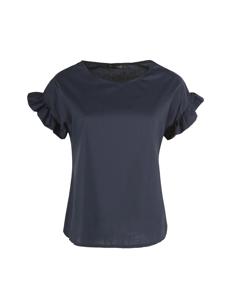 Blusa donna in cotone con maniche corte a volant - blu scuro