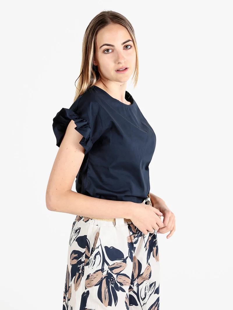 Blusa donna in cotone con maniche corte a volant - blu scuro