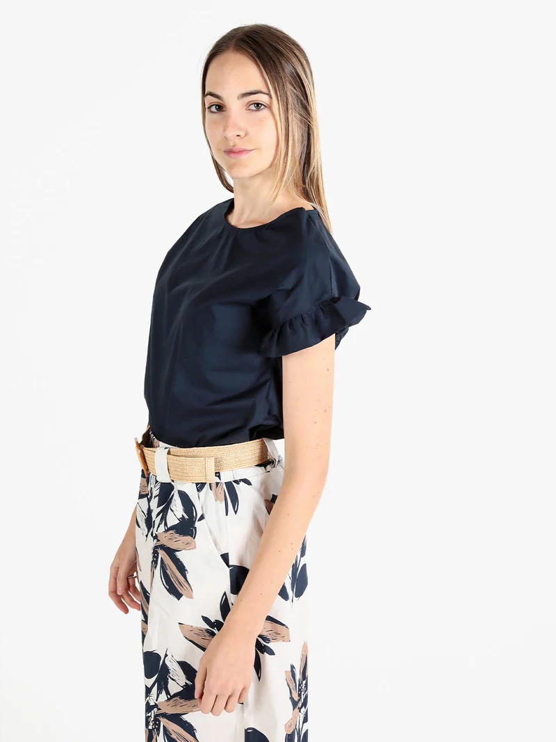Blusa donna in cotone con maniche corte a volant - blu scuro