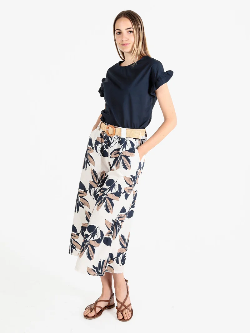 Blusa donna in cotone con maniche corte a volant - blu scuro