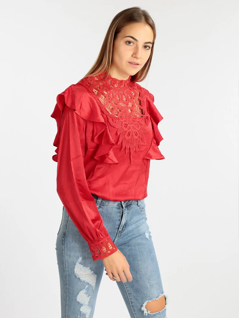 Blusa donna con inserti in macramè - rosso