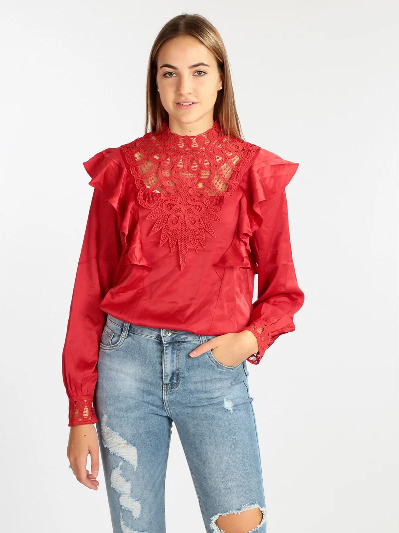 Blusa donna con inserti in macramè - rosso