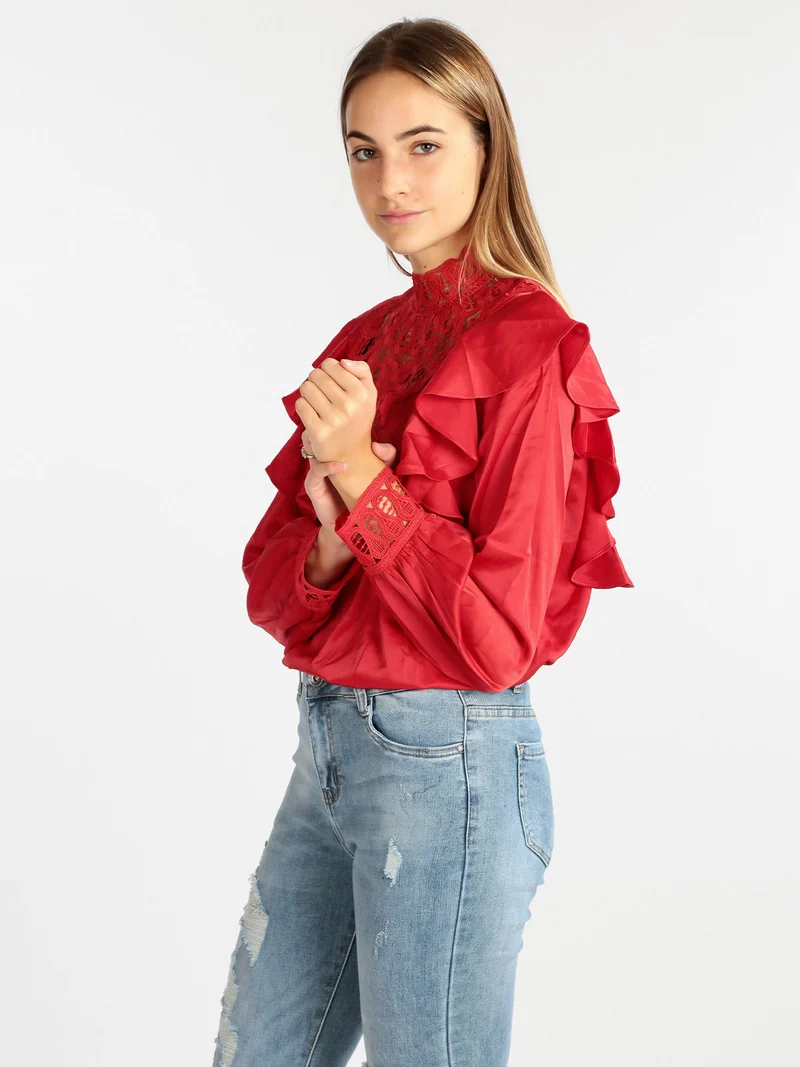 Blusa donna con inserti in macramè - rosso