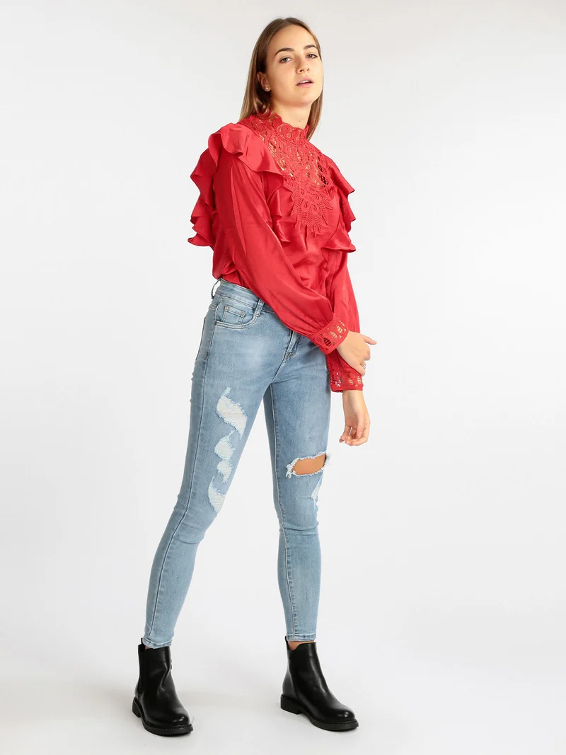 Blusa donna con inserti in macramè - rosso