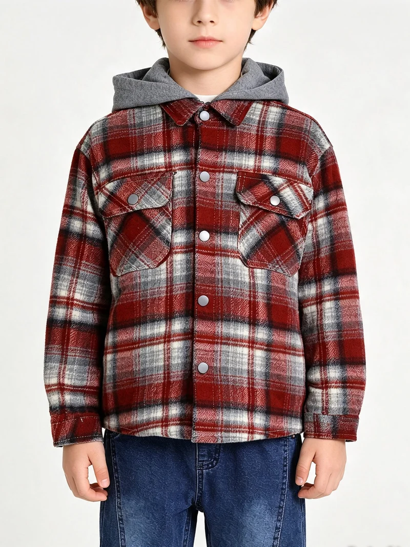 Camicia giacca da bambino in flanella con bottoni e cappuccio - bordeaux