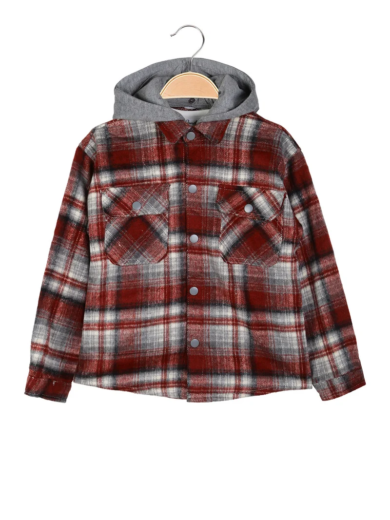 Camicia giacca da bambino in flanella con bottoni e cappuccio - bordeaux