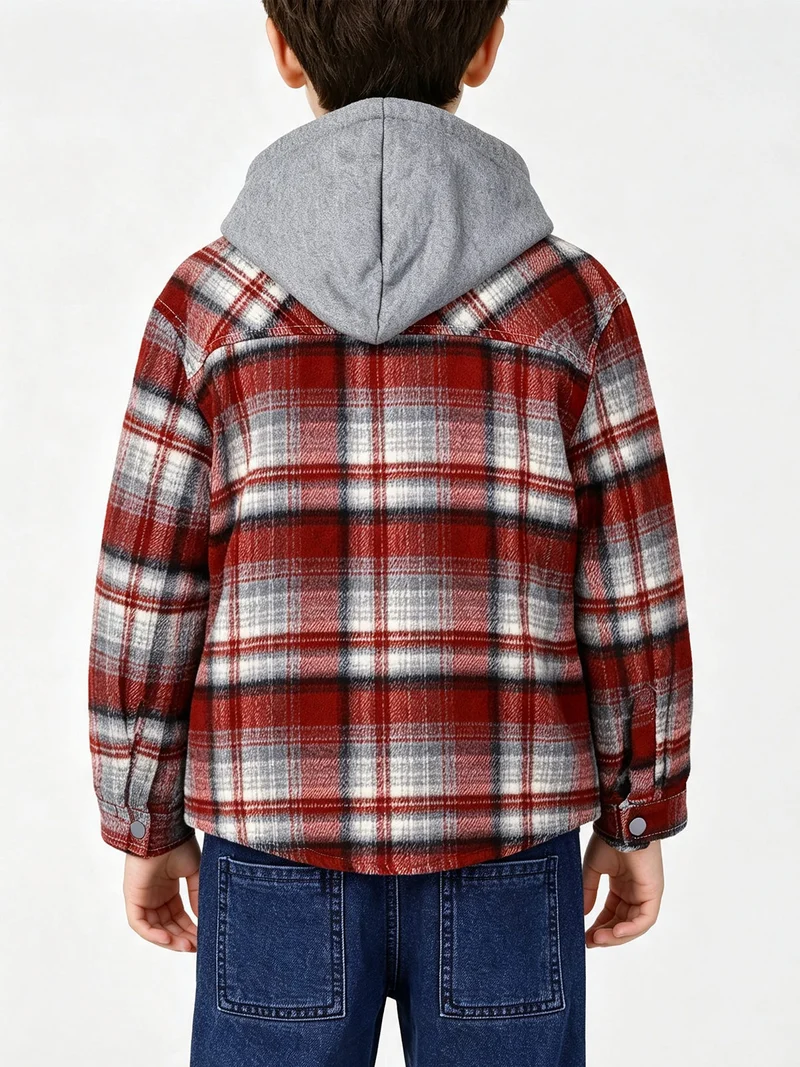Camicia giacca da bambino in flanella con bottoni e cappuccio - bordeaux