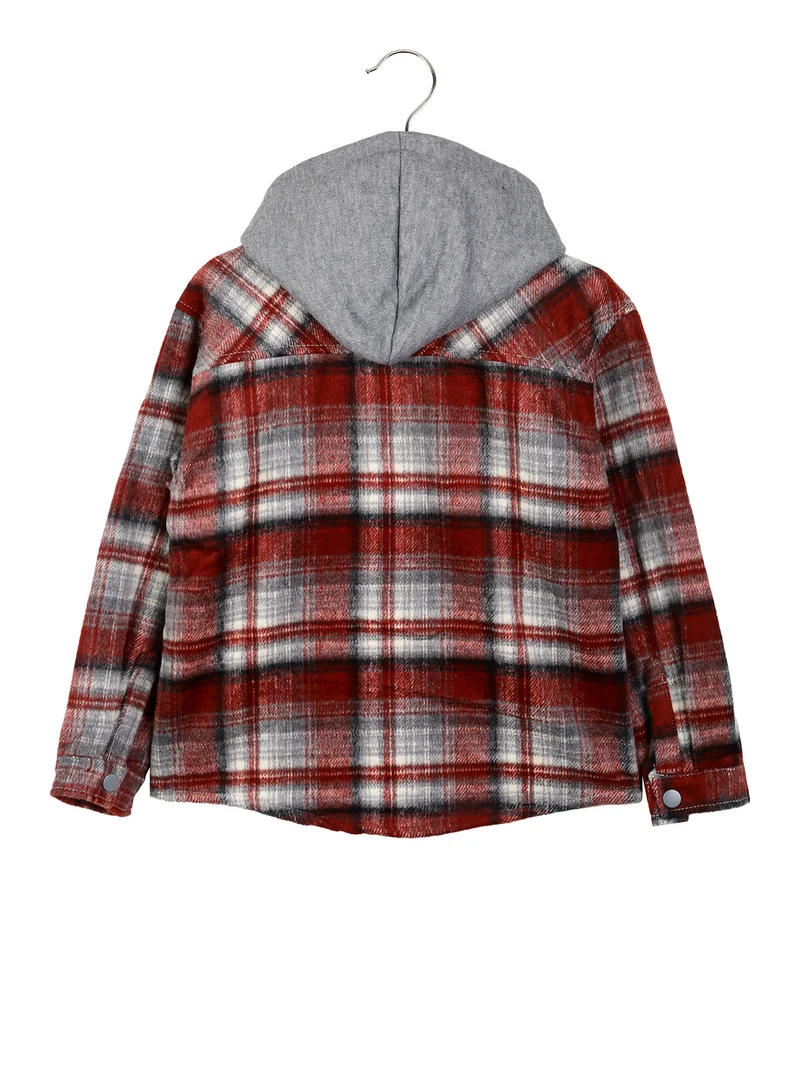Camicia giacca da bambino in flanella con bottoni e cappuccio - bordeaux
